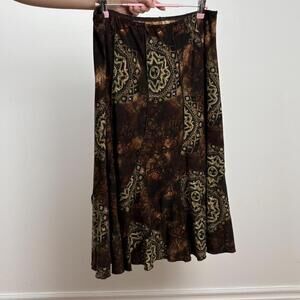 Brown boho paisley midi skirt with elastic waistband.